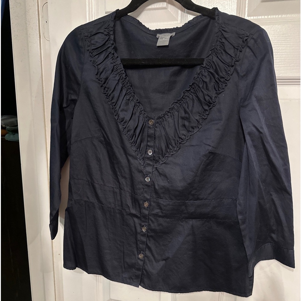 Ann Taylor 12 Womens Blouse Navy 3/4 Sleeve Button Front Ruched  V Neck Cotton